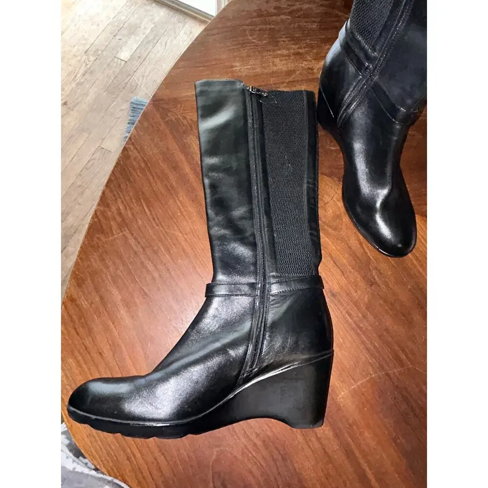 Blondo Lana Knee High Riding Boots Women 9 Black Leather Wedge Stretch B4933-11